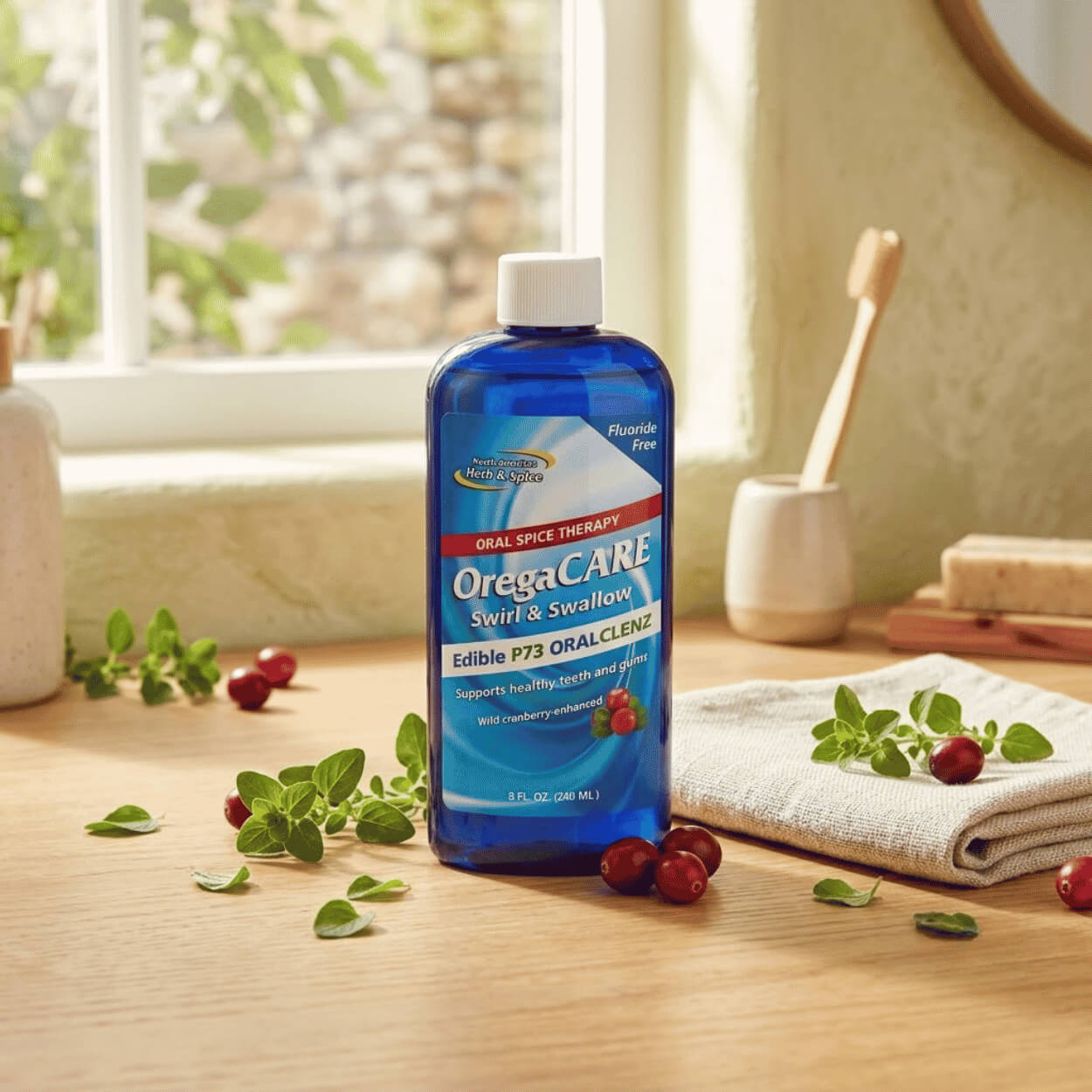 In the image, a blue bottle of OregaCARE Herbal Mouthwash is placed on a wooden surface in a bright bathroom next to a folded linen towel, fresh oregano, and cranberries